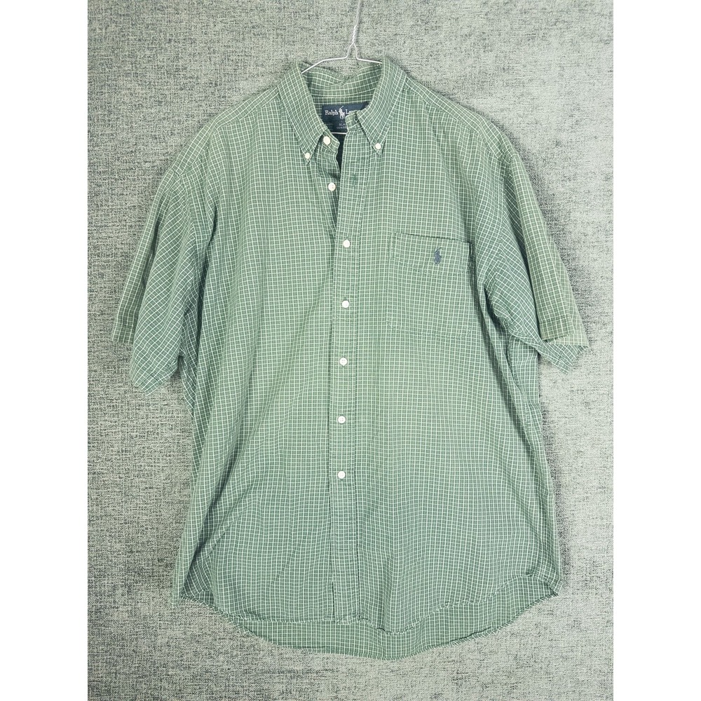 Ralph Lauren Blaire Button Down Shirt Mens L Green Plaid Check Cotton Short Slee